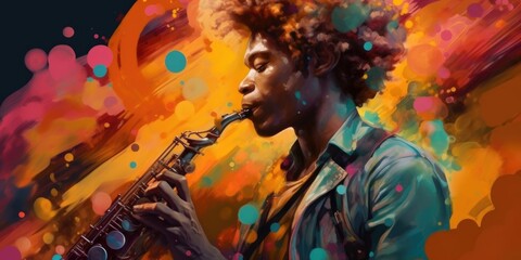 Passionate young musician playing sax solo on colorful painting background.. Generative ai illustration