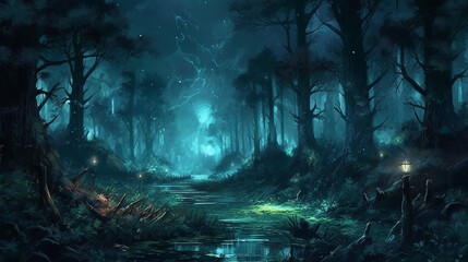 dark night forest, fantasy, moon light, magic light,Generative AI
