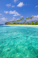 Best tropical beach landscape. Fantastic summer coast, vacation destination, palm trees, white sand, sunny sky. Freedom travel, amazing sea lagoon, paradise shore nature landscape. Beautiful beach