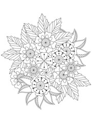 Doodles Flowers Coloring Pages .Vector doodle flowers in black and white. Floral pattern. Doodle beautiful flowers art for adult coloring book