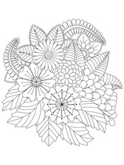 Doodles Flowers Coloring Pages .Doodle floral pattern in black and white. Doodle beautiful flowers art for adult coloring book.Page for coloring book.