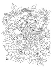 Vector doodle flowers in black and white. Floral pattern. Art therapy coloring page. Relaxing for all ages. For adults and kids