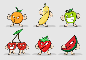 Vector fruit character Set contains orange, banana, apple, cherry, strawberry, watermelon
