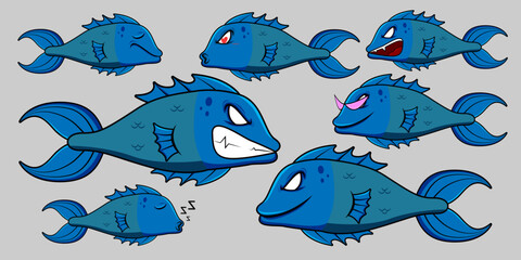 Vector monster fish character Set contains monster fish in various pose and emotion for graphic designer