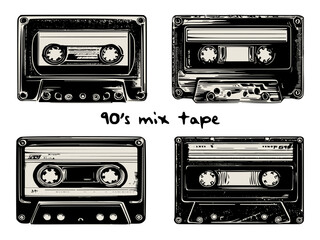 Audio cassette tape vector illustration. Set of hand drawn vintage cassette tape. Perfect design for t shirt print, poster, emblem, patch, sticker. World music day celebration.