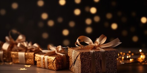 Beautiful Christmas gift boxes. Christmas and New Year surprise gift box. night bright shiny lights blurred golden bokeh. generative ai