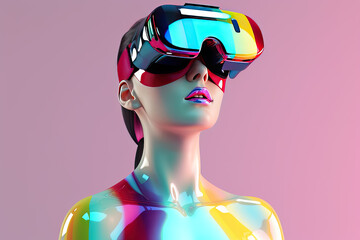 chrome colorful woman wearing a virtual reality headset