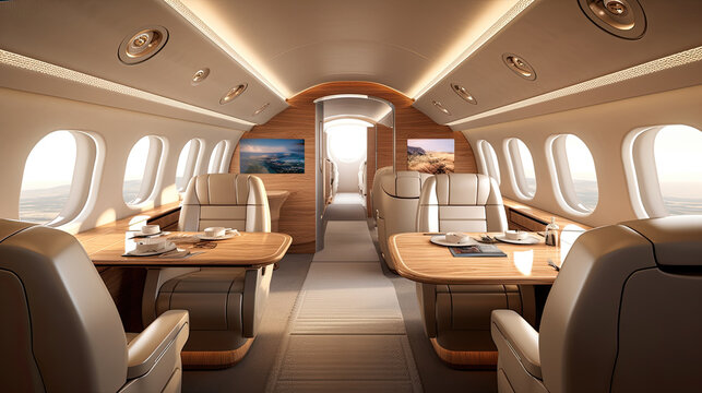 Cabin of luxury private jet. Empty aircraft with white leather chairs. Generative AI