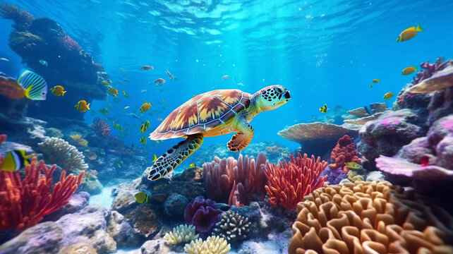 turtle with group of colorful fish and sea animals with colorful coral underwater in ocean, Generative AI