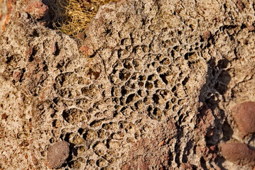 Russia. Far East, Kuril Islands. The structure of very hard basalt rocks with unusual inclusions on the Yankito lava plateau along the coast of the Sea of Okhotsk on Iturup Island.