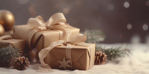 Naklejka na ściany i meble Beautiful Christmas gift boxes. Christmas and New Year surprise gift box. night bright shiny lights blurred golden bokeh. generative ai