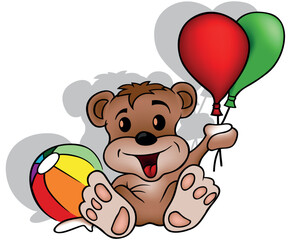 Sitting Teddy Bear with Party Balloons in Paw