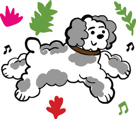 Line art cartoon cute poodle walking