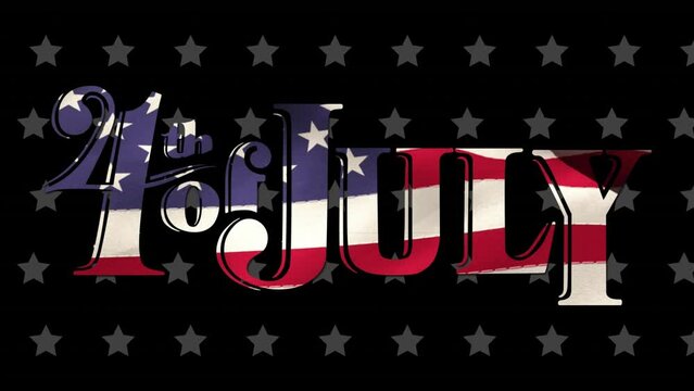Animation of 4th of july text with flag of usa over stars on black background