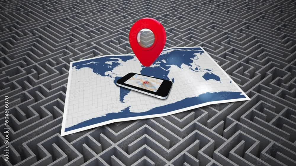 Poster Animation of red location pin over smartphone and map on maze pattern on grey background