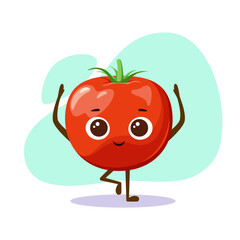 Cute tomato does yoga. A sports vegetable.