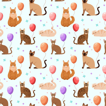 Seamless pattern with funny cats and balloons.
