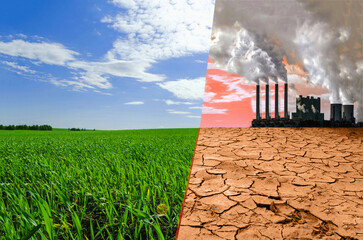 Collage of photos of polluted environment and environmentally friendly environment. Collage on the theme of ecology