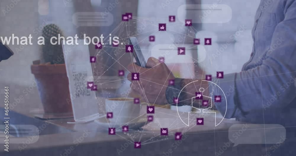 Poster animation of ai data processing over biracial businessman using laptop and phone