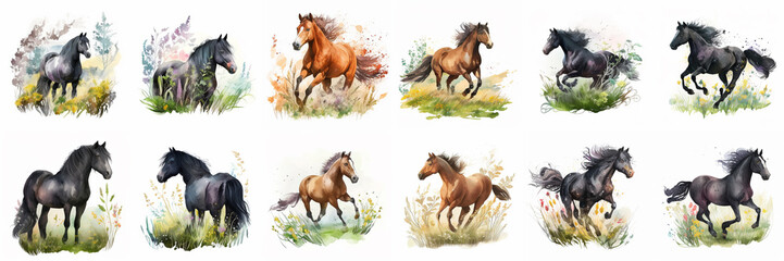 Fototapeta na wymiar Watercolor cartoon illustration of a graceful horse in a meadow on a white background.