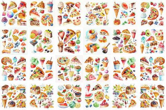 Appetizing food and dessert cartoon watercolor illustration on white background.