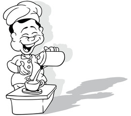 Drawing of a Smiling Chef Pours Coffee into a Mug