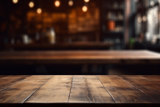 Empty wood table in front of of resturant neon lights blurred bokeh background concept image for product commercial ad Generative AI	