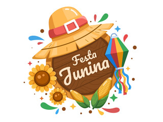 Vector Illustration Brazil Festa Junina with Straw hat, sunflower, corn, and colorful kite decoration.
Perfect for greeting card, postcard, print, web, bannet, etc
Brazil São João June festival.