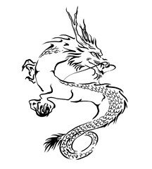 龍のモノトーン手描き線画イラスト