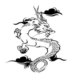 龍のモノトーン手描き線画イラスト　雲模様付き