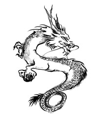 龍のモノトーン手描き線画イラスト