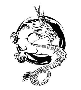 龍のモノトーン手描き線画イラスト　背景付き