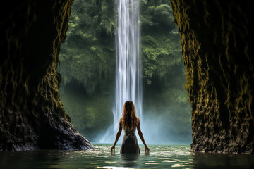 Fototapeta na wymiar Frau vor einem Wasserfall KI