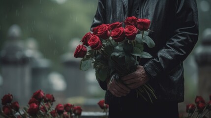 A man with a bouquet of red roses in a cemetery. Generative AI
