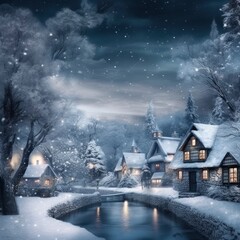 Evening winter village landscape with snow covered house. Generative AI