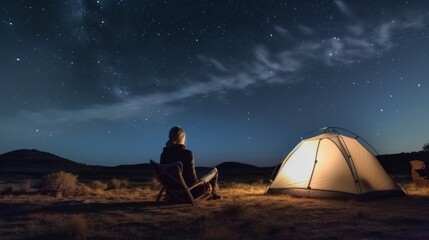 Fototapeta na wymiar Woman having a rest at night camping near tourist tent. Generative AI