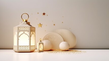 Islamic background, Gift box, lantern, gold crescent moon on white. Design concept of ramadan kareem, mawlid, iftar,isra and miraj or eid al fitr adha, c3D illustration. generative ai