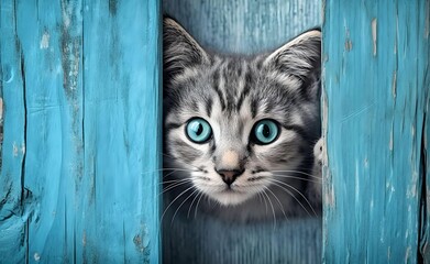 Charming cute cat against a bright blue background. Generative AI.