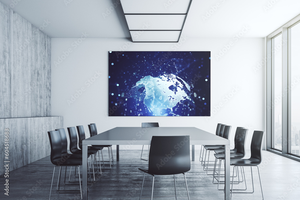 Aufkleber abstract programming language hologram and world map on presentation monitor in a modern boardroom, 