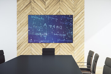Creative scientific formula hologram on presentation monitor in a modern boardroom, research concept. 3D Rendering