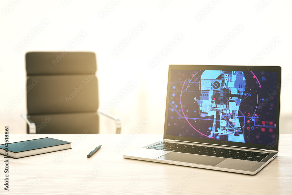 Aufkleber Modern computer screen with creative human head microcircuit. Future technology and AI concept. 3D Rendering