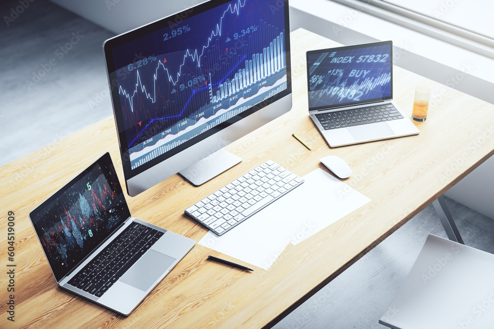 Poster computer monitor with abstract financial graph, finance and trading concept. 3d rendering