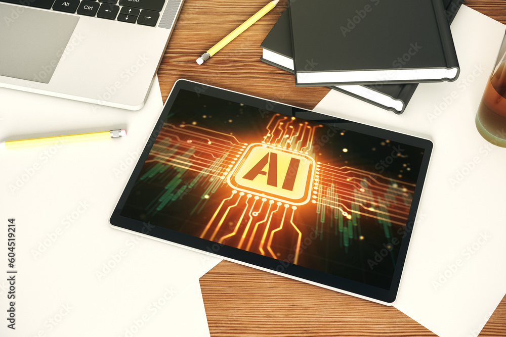 Leinwandbilder creative artificial intelligence symbol concept on modern digital tablet screen. top view. 3d render