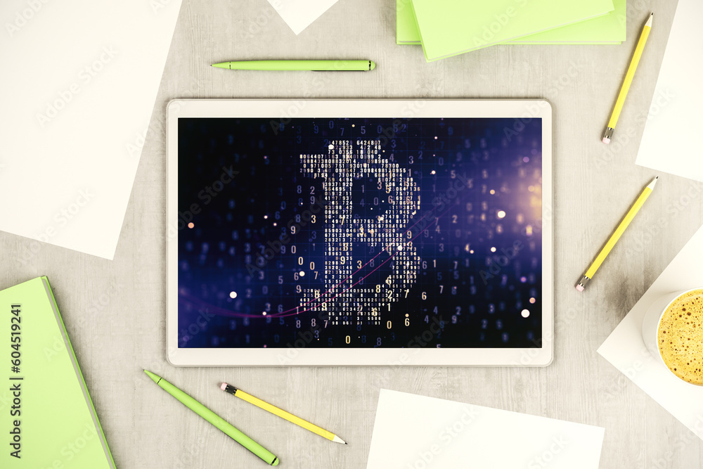 Poster Modern digital tablet monitor with creative Bitcoin symbol. Cryptocurrency concept. Top view. 3D Rendering