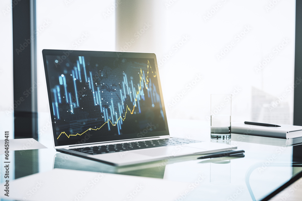Poster modern computer monitor with abstract creative financial chart, research and strategy concept. 3d re