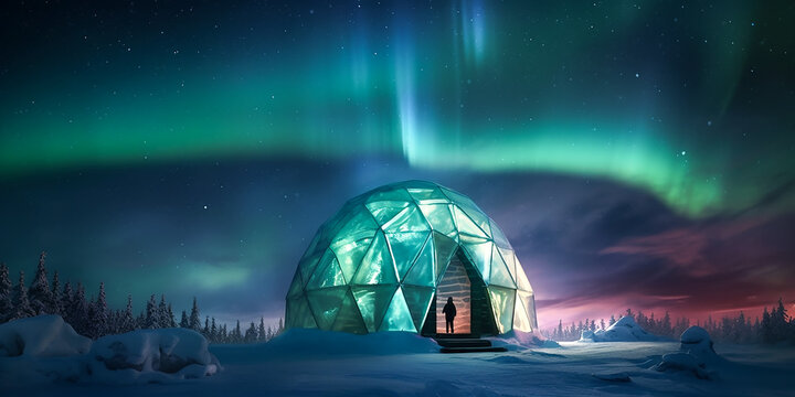 Glas Igloo mit Nordlichtern KI