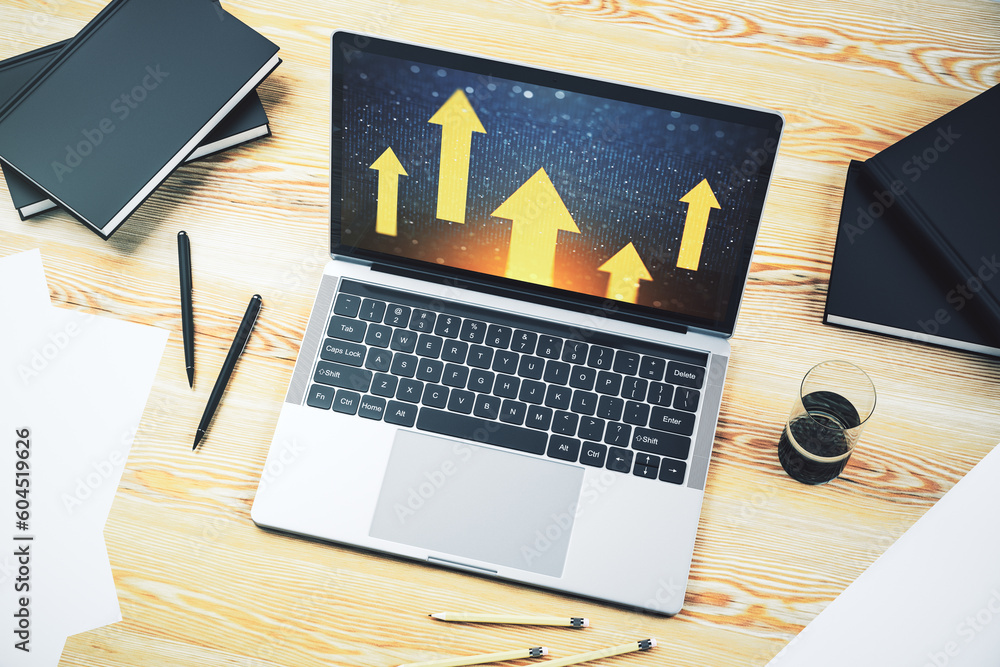 Poster modern computer monitor with creative abstract upward arrows hologram. ambition and challenge concep