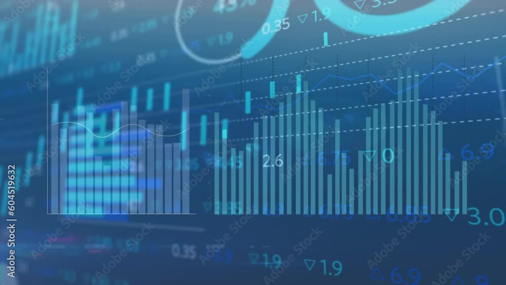 Poster animation of statistical and stock market data processing against blue background