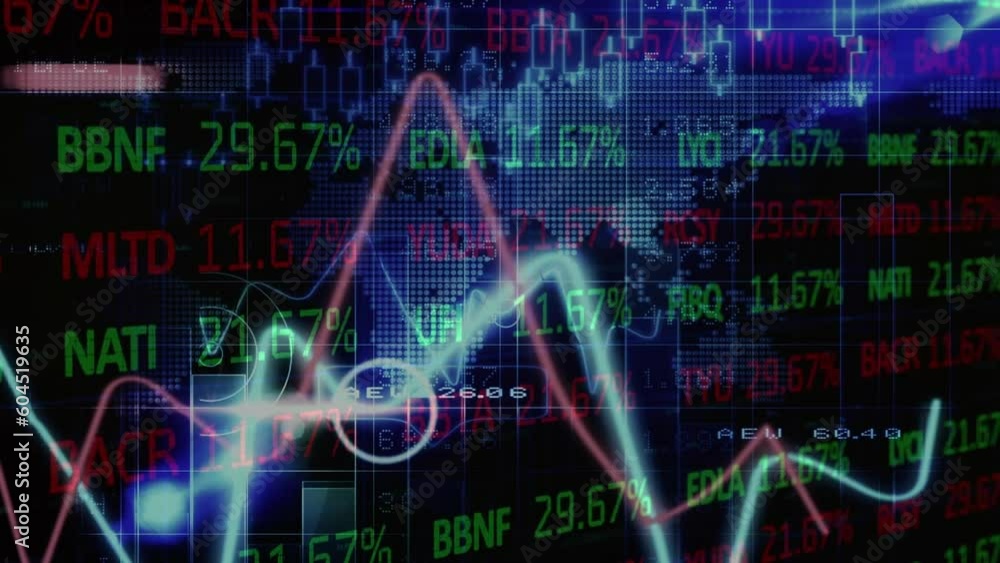 Poster animation of statistical and stock market data processing over world map against black background