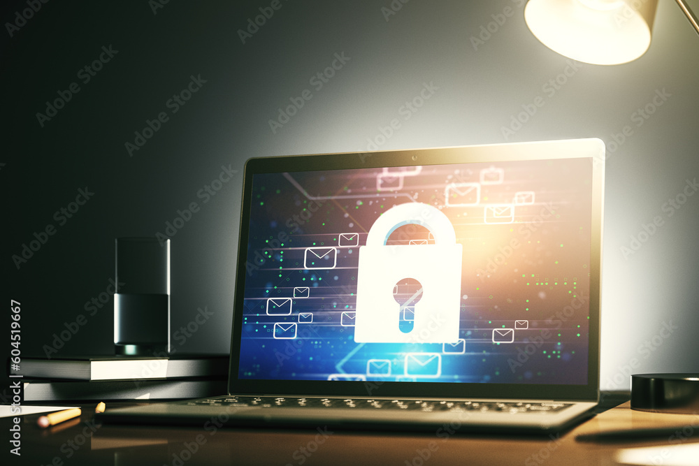 Fototapete modern computer monitor with creative lock hologram and email symbols. information security concept.